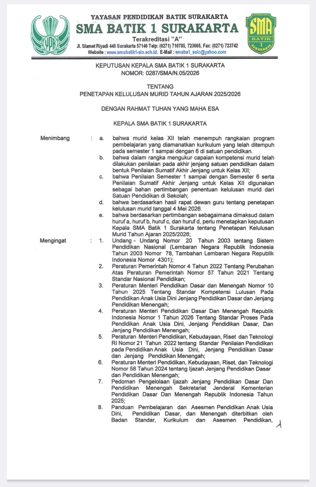 Pengumuman Kelulusan Murid Kelas XII Tahun Ajaran 2025/2026 SMA Batik 1 Surakarta